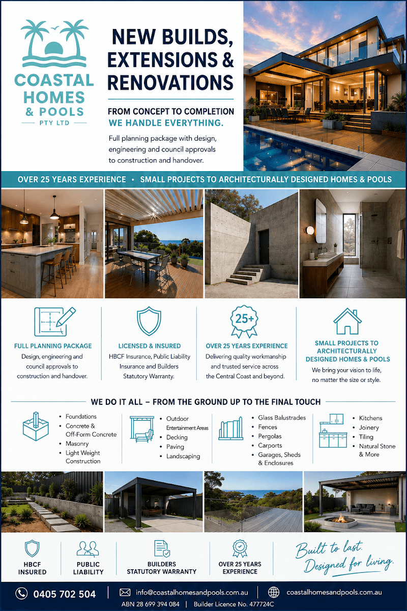 Coastal Homes and Pools Pty Ltd pool builder work in Tascott