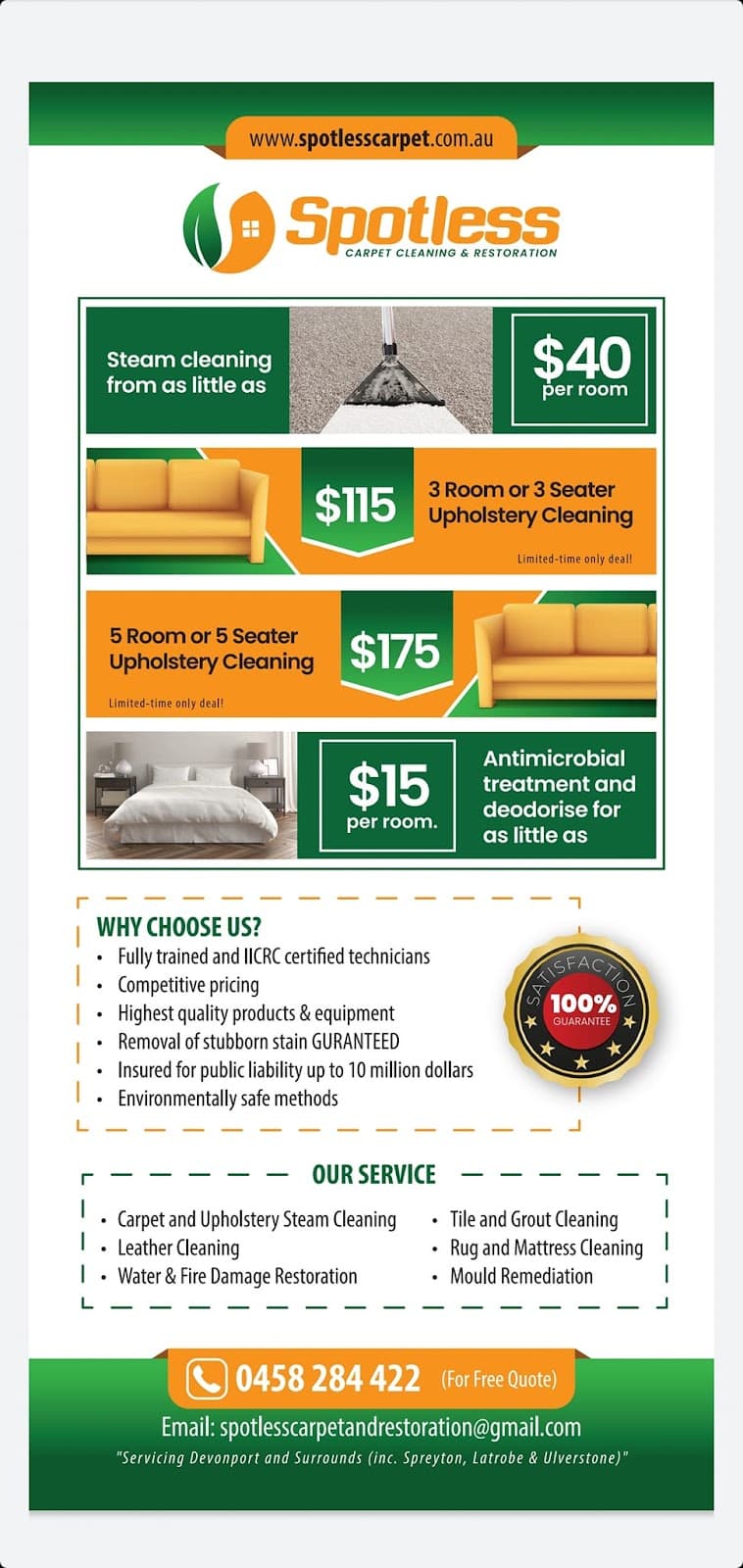 Spotless Carpet Cleaning and Restoration carpet cleaning work in Devonport